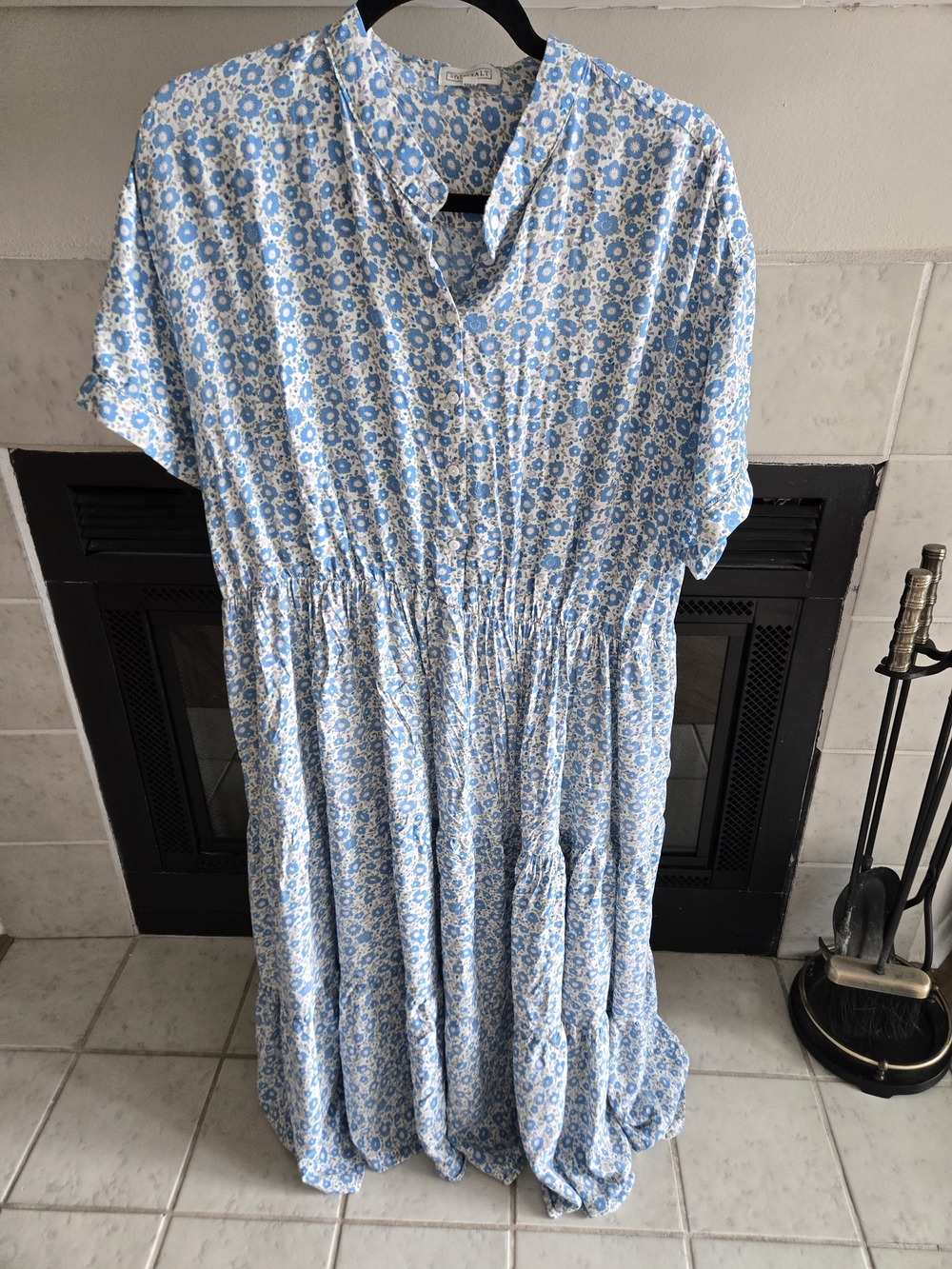 Blue Floral Tiered Maxi Dress with Gathered Waist